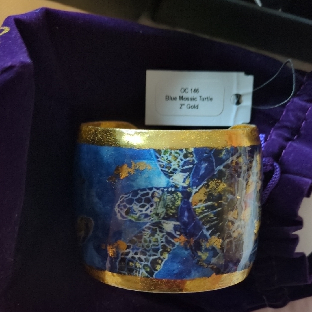 Evocateur Blue Mosaic Turtle 2" Gold Cuff Bracelet